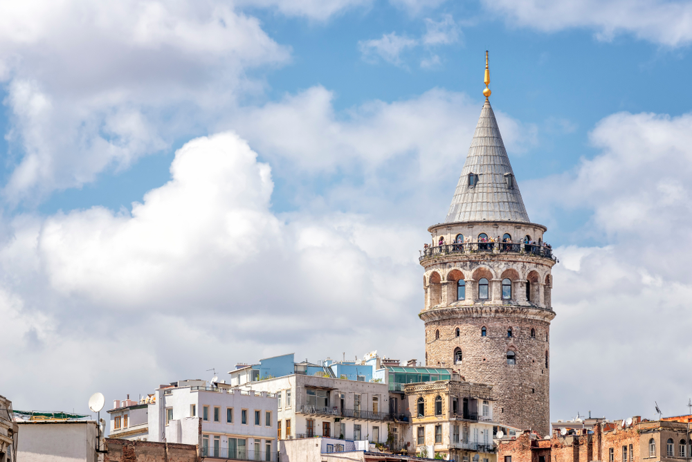 Galata Tower from below — the starting point of Hezarfen Ahmed Çelebi's legendary flight across the Bosphorus in 1632